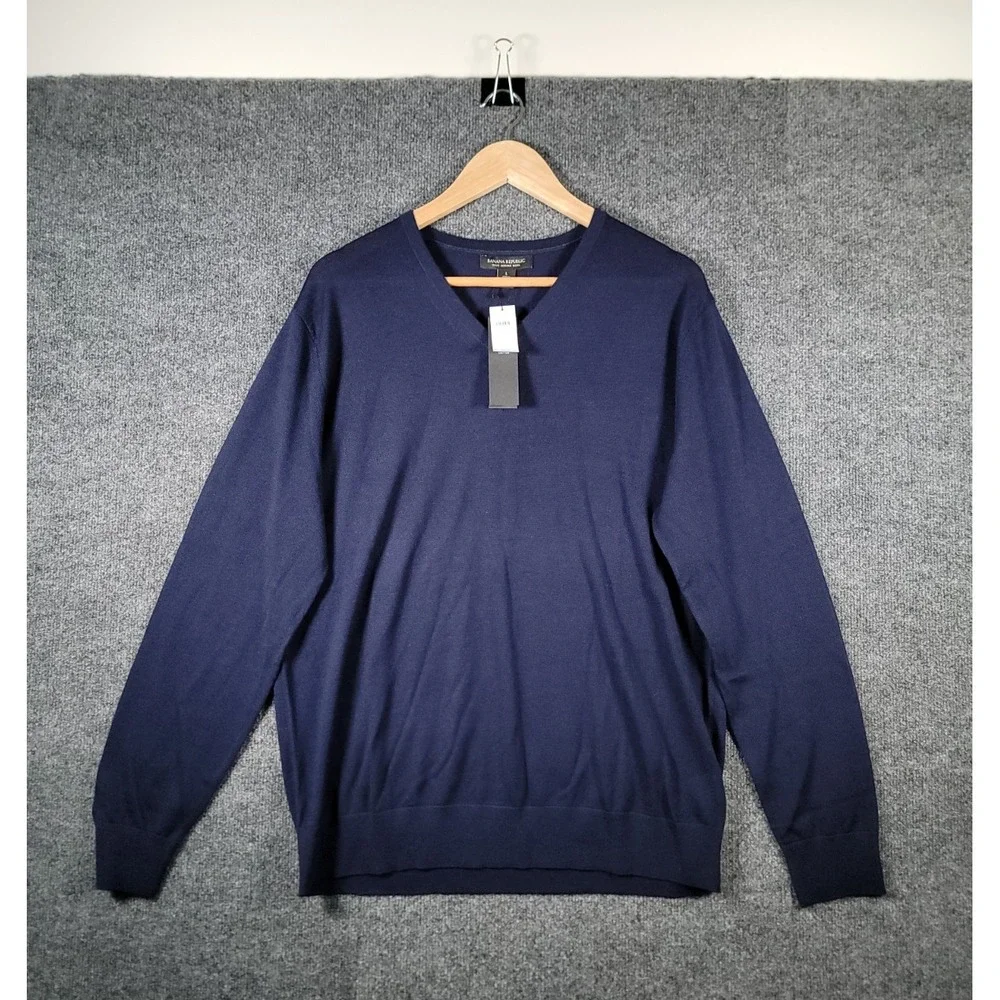 Banana Republic Mens Navy Blue 100% Extra Fine Merino Wool V-Neck Sweater Large